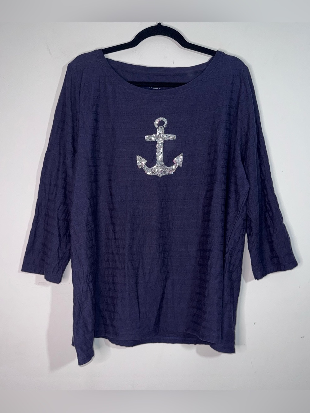 Talbots 2X Nautical Anchor Sequin Textured Cotton Tunic Top Navy Coastal Preppy
